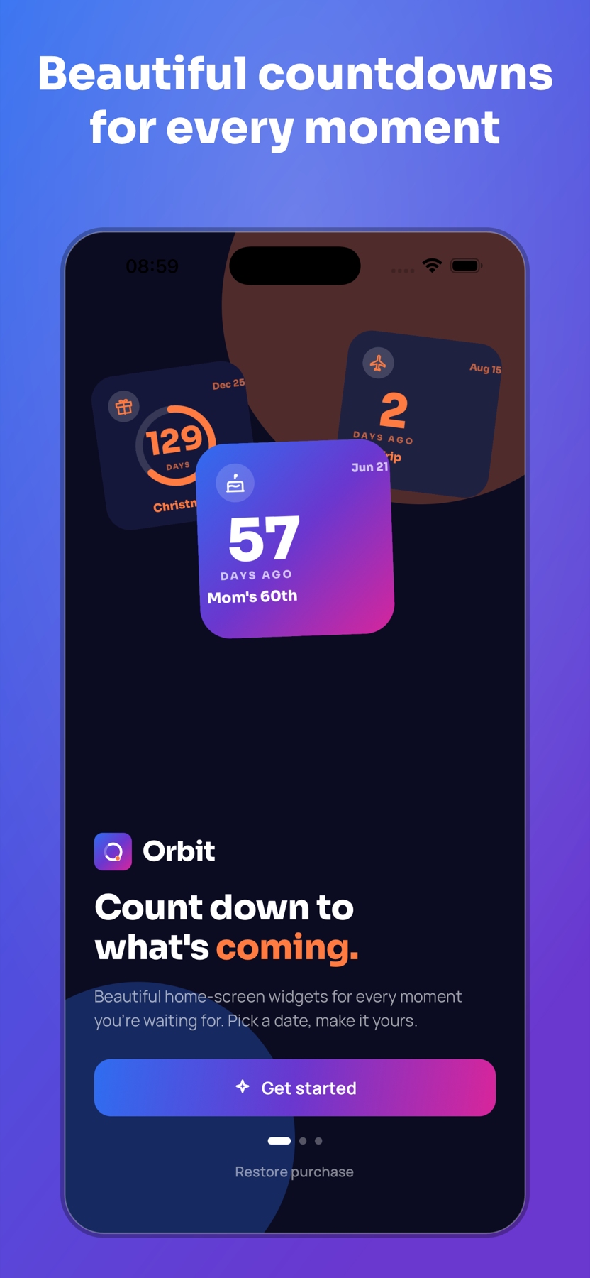 Orbit Countdown Widget welcome screen and colorful countdown designs