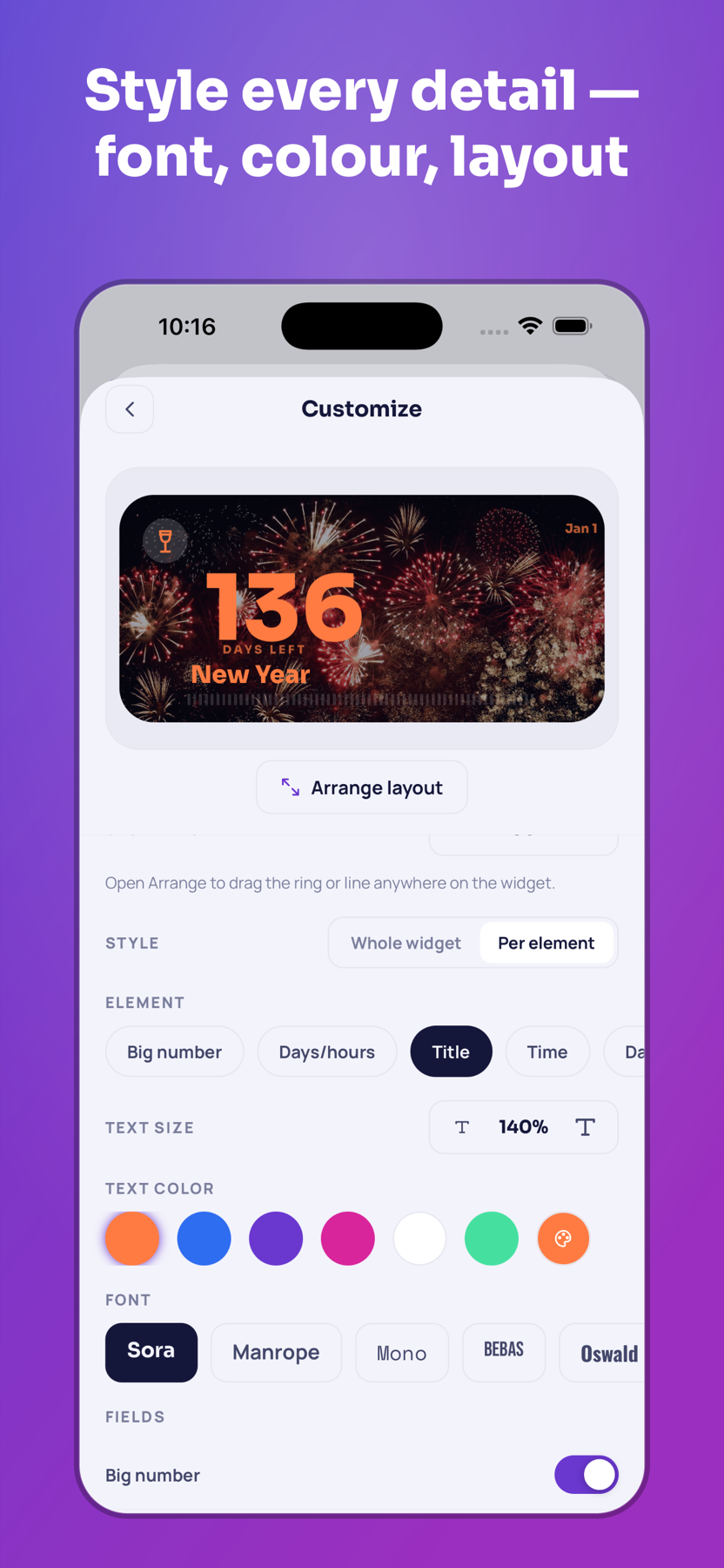 Orbit widget editor with font, color, layout and element controls