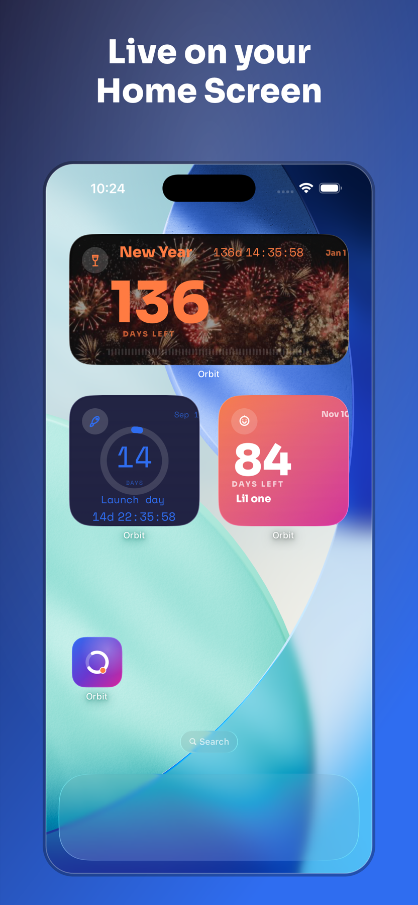 Orbit countdown widgets displayed on an iPhone Home Screen