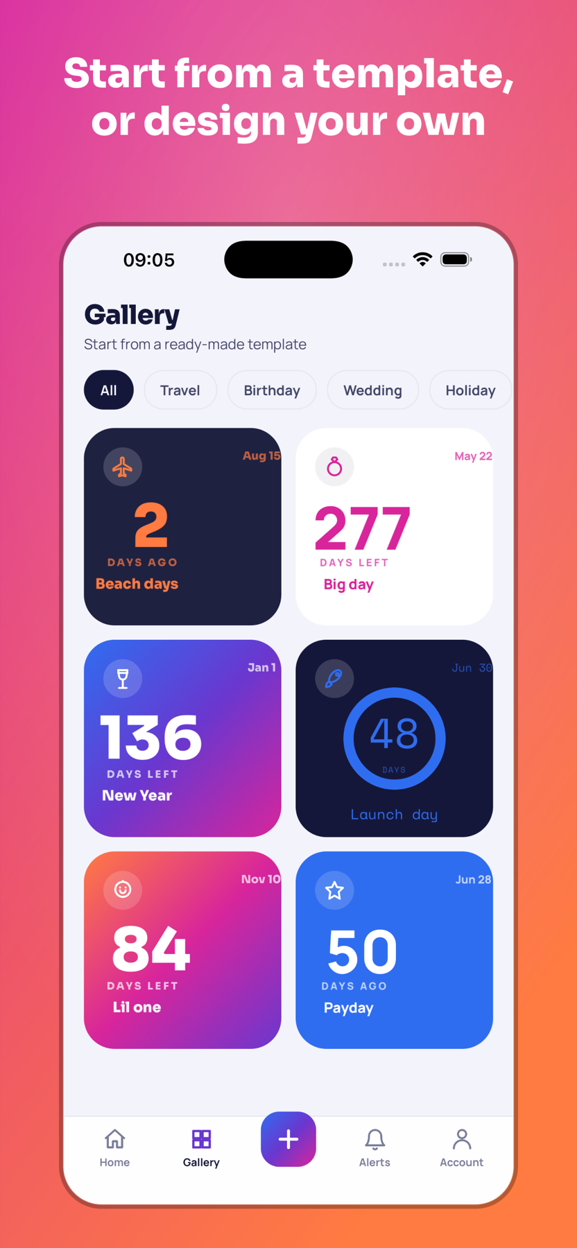 Orbit countdown template gallery for travel, birthdays, weddings and holidays