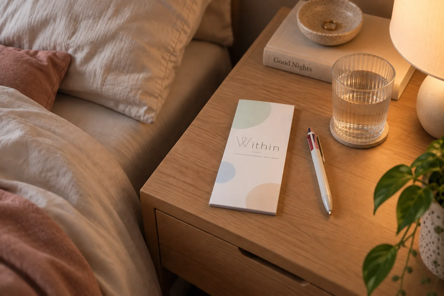 Within tracker and pen on a nightstand beside the bed
