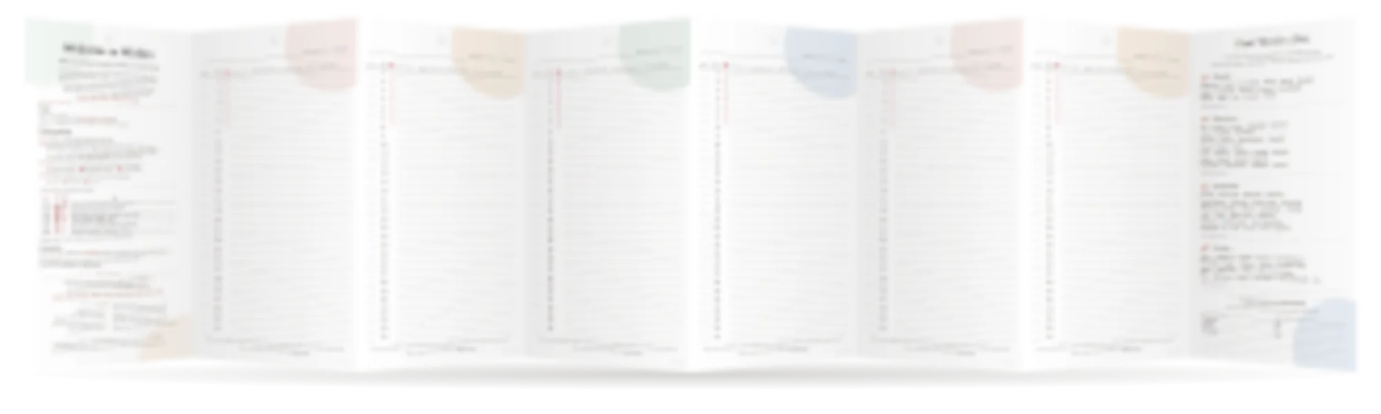 Within unfolded, showing its welcome guide, cycle tracking pages and Four Words a Day inspiration